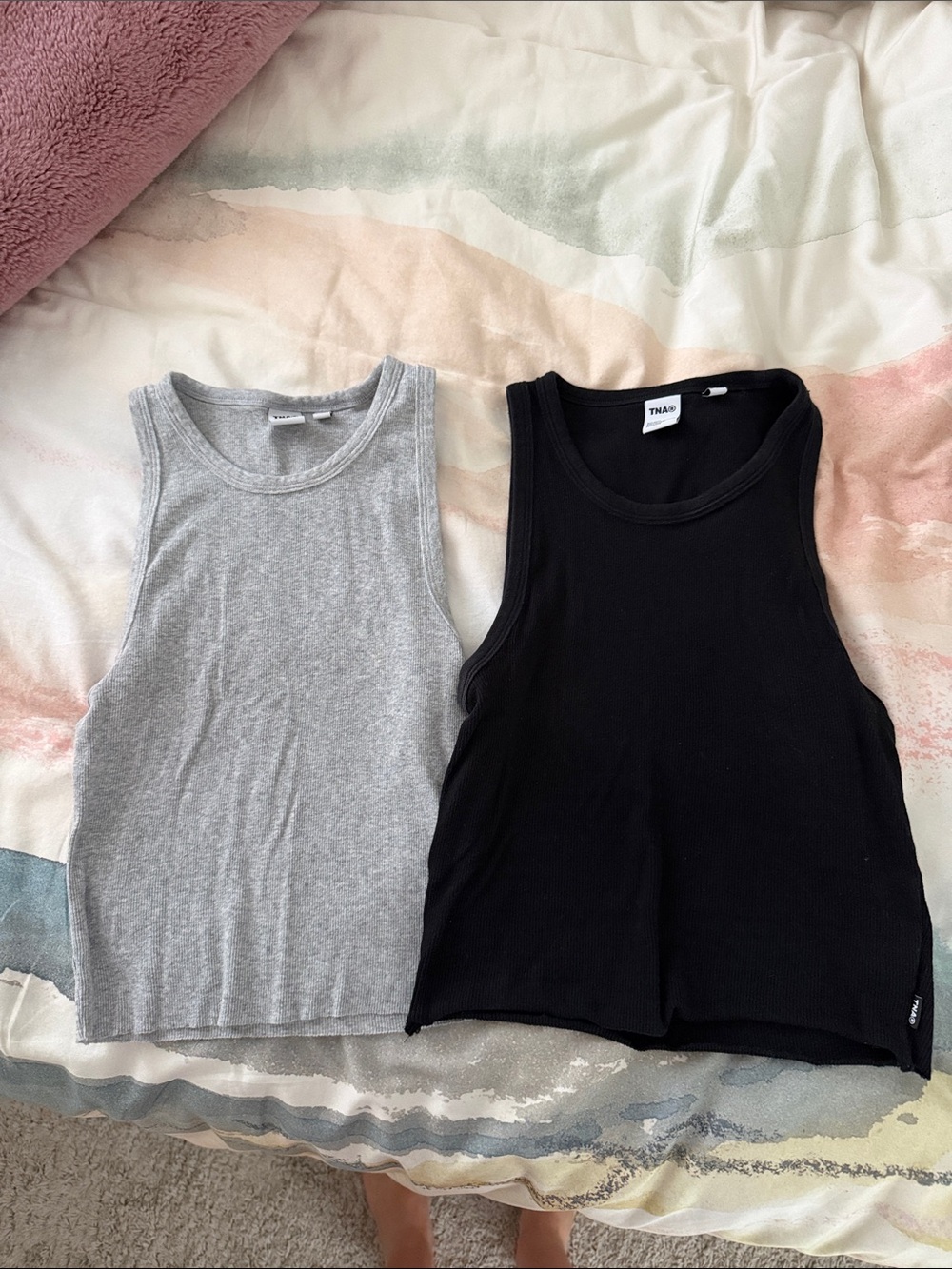 TNA Ribbed Cropped Tank Tops — Black & Heather Gray (Pair)